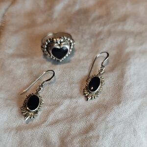 925 Vintage Set. Chic Silver and Black Heart Earrings